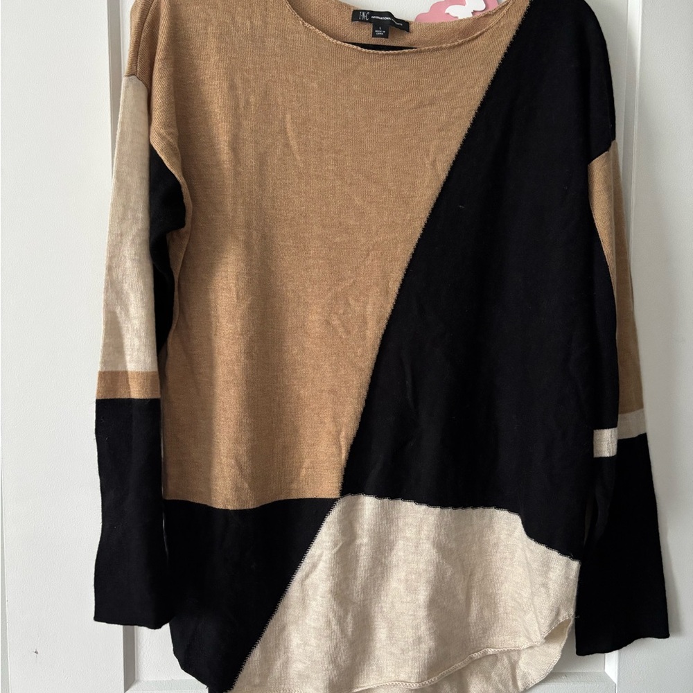 INC International Concepts Geometric Long Sleeve Top - Black, Tan, Cream